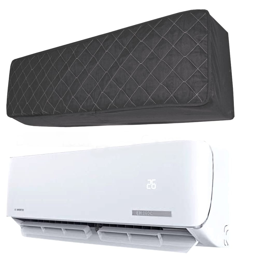 White air conditioner unit with a quilted gray cover on a white background