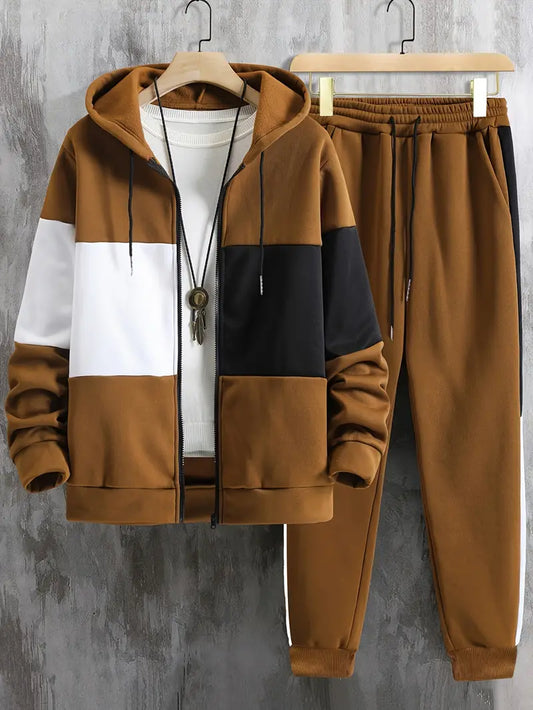 Men's Athletic 2Pcs Tracksuit Set(Light Brown) (Casual) Full-Zip Sweat suits Long Sleeve Hoodie and Jogging Pants