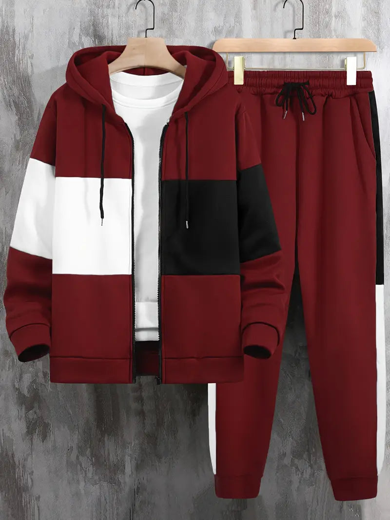 Men's Athletic 2Pcs Tracksuit Set(Maroon) (Casual) Full-Zip Sweat suits Long Sleeve Hoodie and Jogging Pants