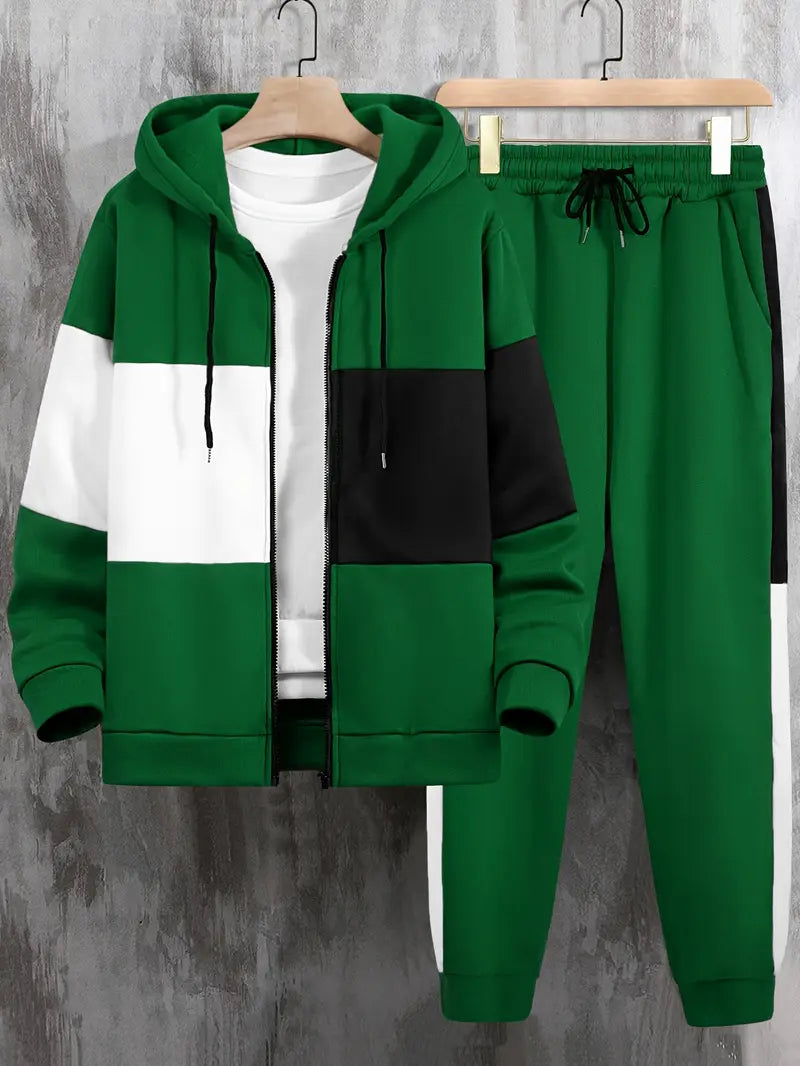 Men's Athletic 2Pcs Tracksuit Set(Green) (Casual) Full-Zip Sweat suits Long Sleeve Hoodie and Jogging Pants (