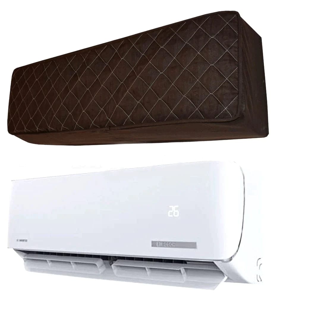 White air conditioner with brown cover on a white background