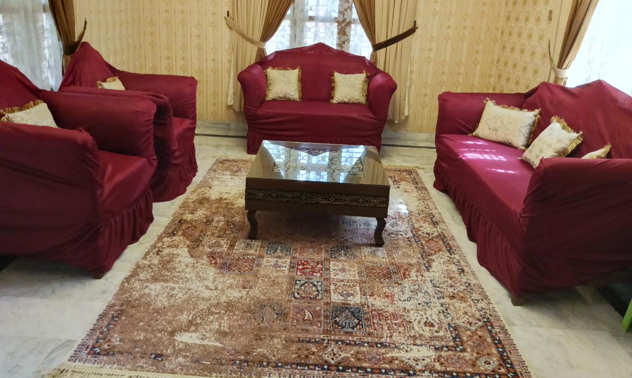 Living room with red sofas and a patterned rug