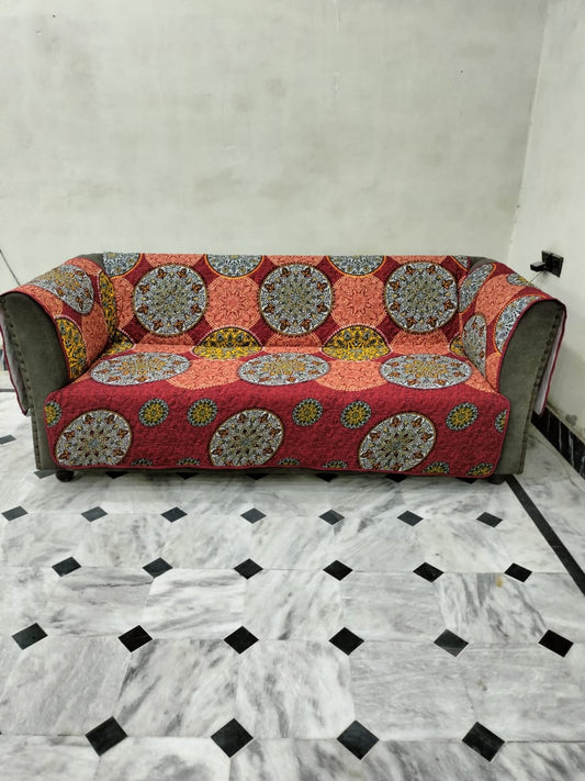 Cotton Quilted Printed Sofa Cover ( Meroon)