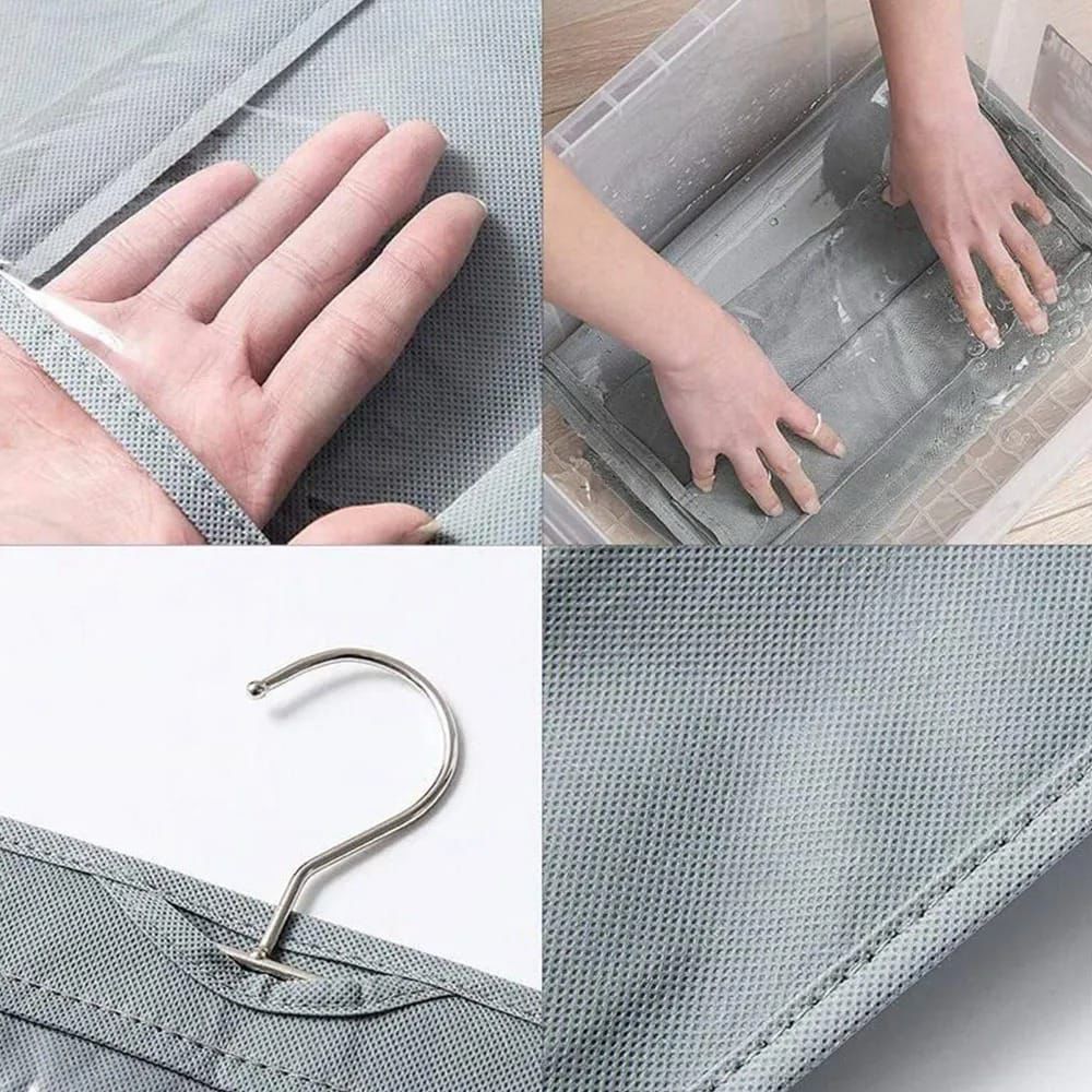 Collage of a gray garment bag with a hand, hanger, and close-up details.