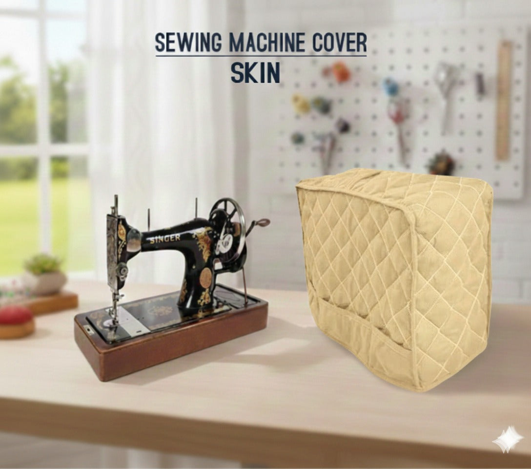 Beige sewing machine cover on a table with a vintage sewing machine in a bright room.