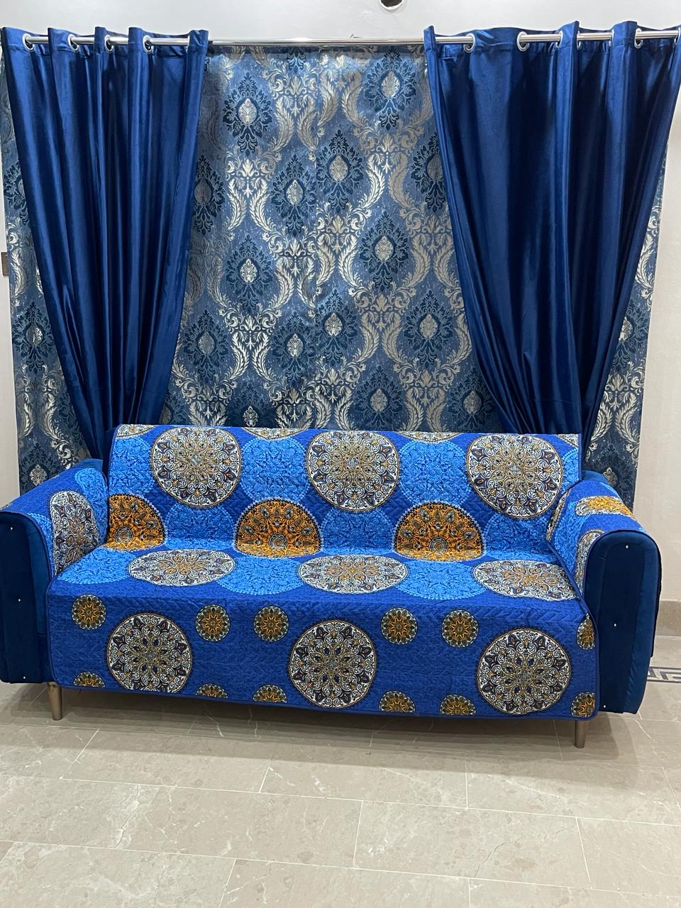 Cotton Quilted Printed Sofa Cover ( New Blue)