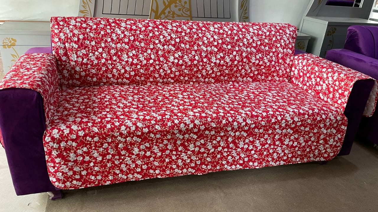 Cotton Quilted Printed Sofa Cover ( Red Print)