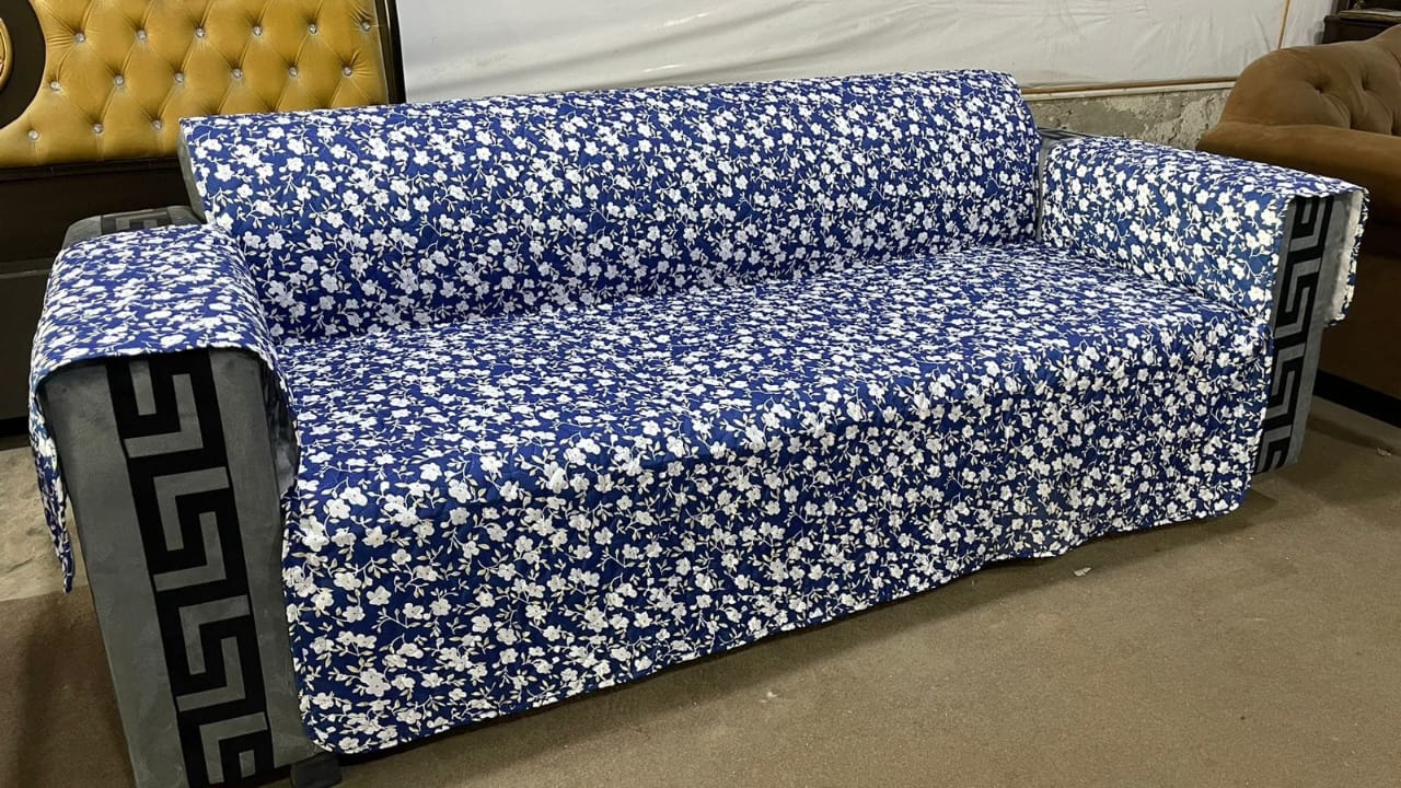 Cotton Quilted Printed Sofa Cover ( Blue Print)