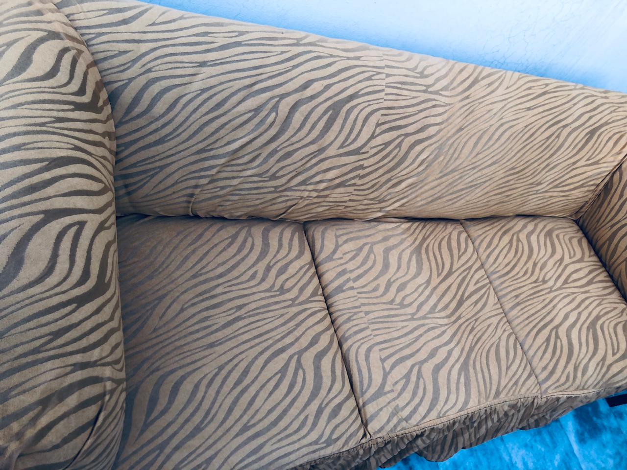 Section of a zebra-patterned sofa with a blue background
