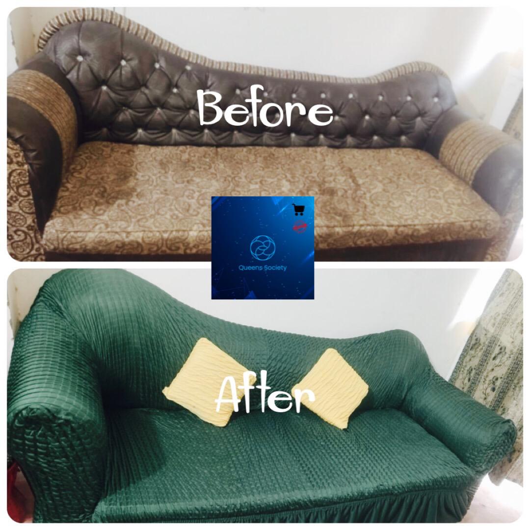 Before and after comparison of a sofa with a green cover and yellow cushions.