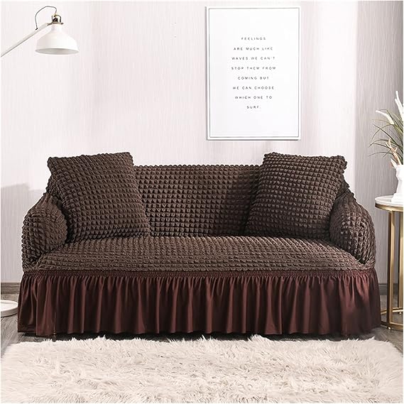 Brown textured sofa cover on a sofa in a living room setting.