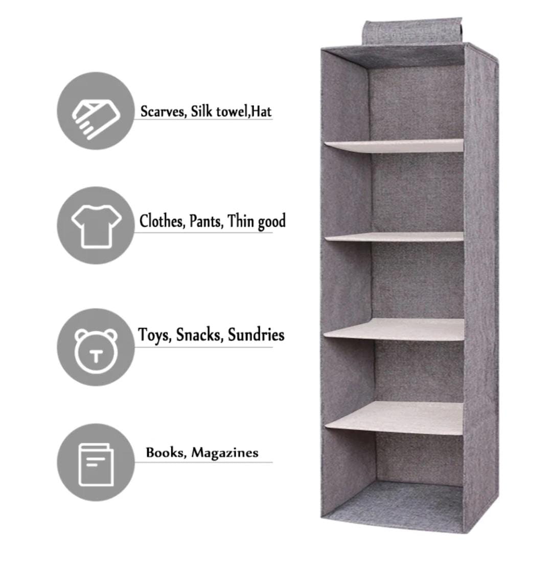 Gray storage cabinet with shelves on a white background, featuring icons and text labels.