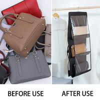Comparison of bags before and after use with a hanging organizer.