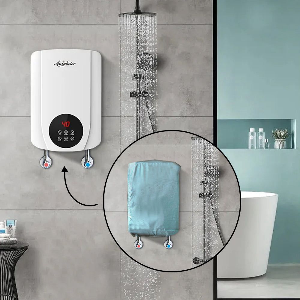 Hot water dispenser mounted on a tiled wall with a shower and bathtub in the background.